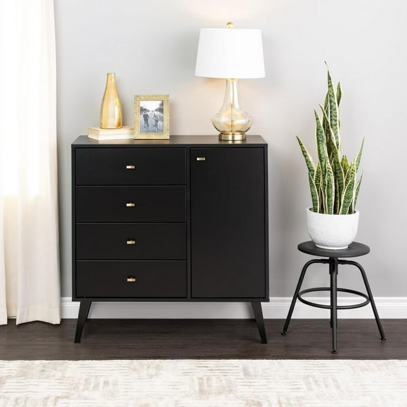Prepac Milo Mid Century Modern 4-Drawer Chest with Door