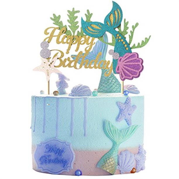 1 Set Glitter Mermaid Tail Themed Happy Birthday Cake