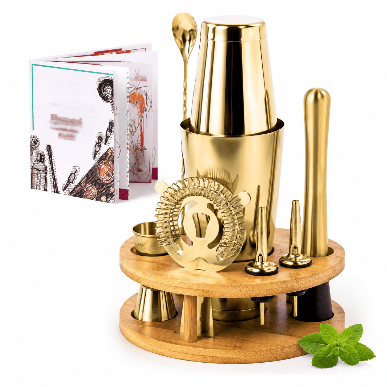 Mixology Bartender Kit With Stand - Cocktail Shaker Set Drink Mojito Muddler And Mixer Spoon 9-piece Bar Tools Accessories For Ho