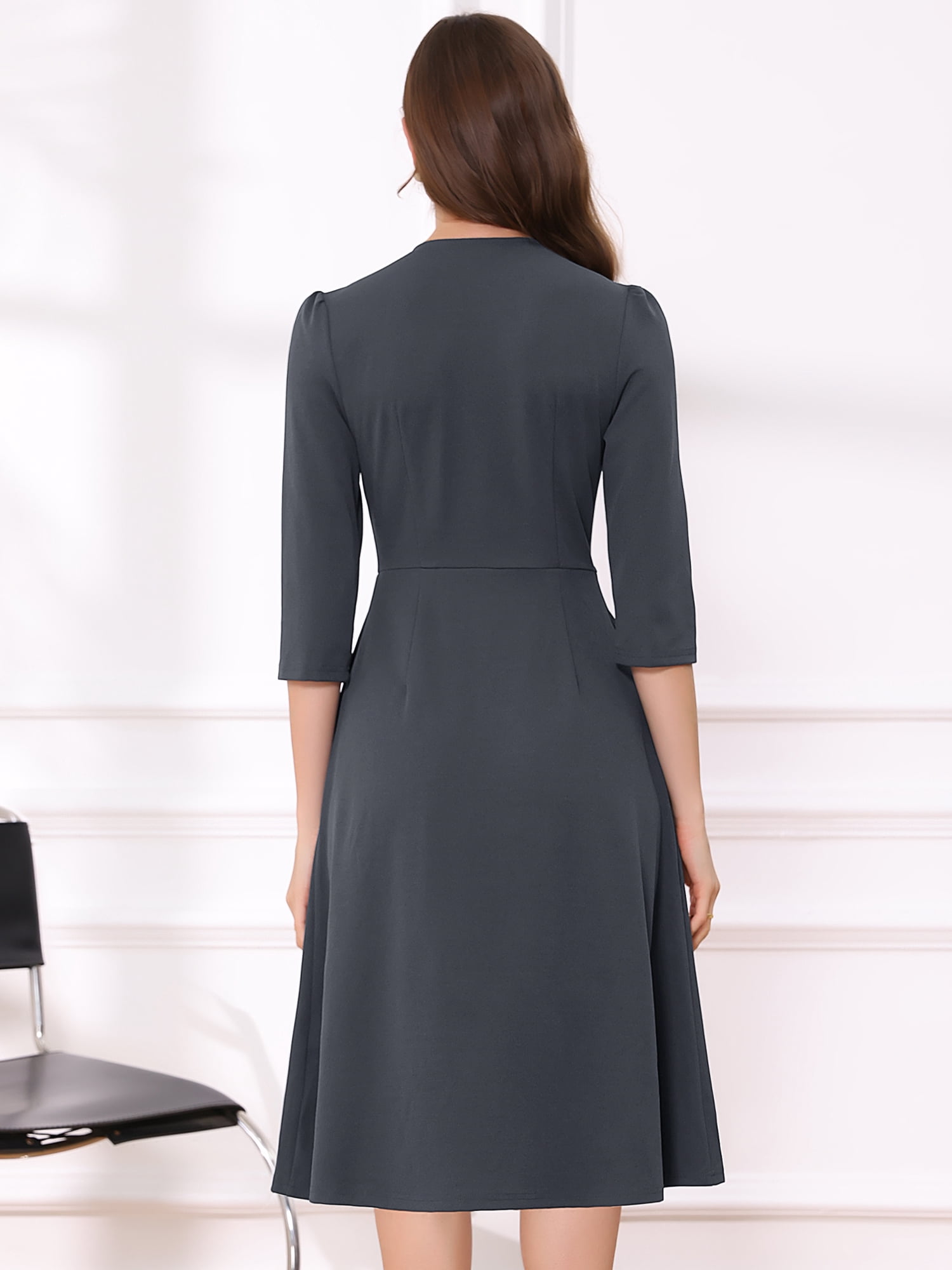 DARING DIVA Women's 3/4 Sleeve V Neck A-Line Midi Dress with Pockets XL Dark Grey