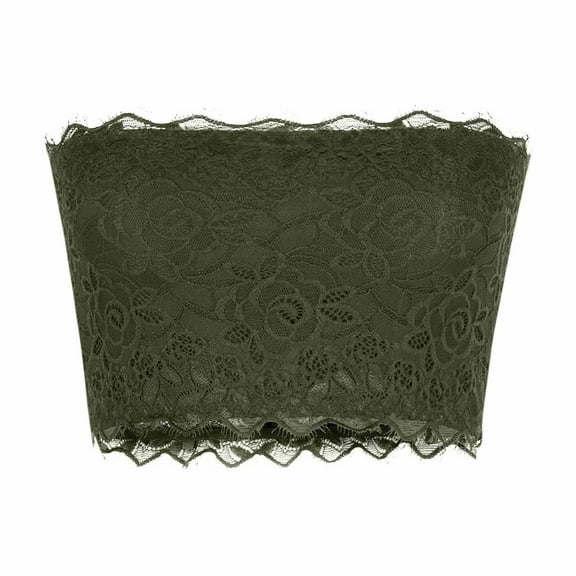 Women's Lace Bandeau Top Seamless Strapless Wireless Tube Top for Casual Layered Style Olive Green L