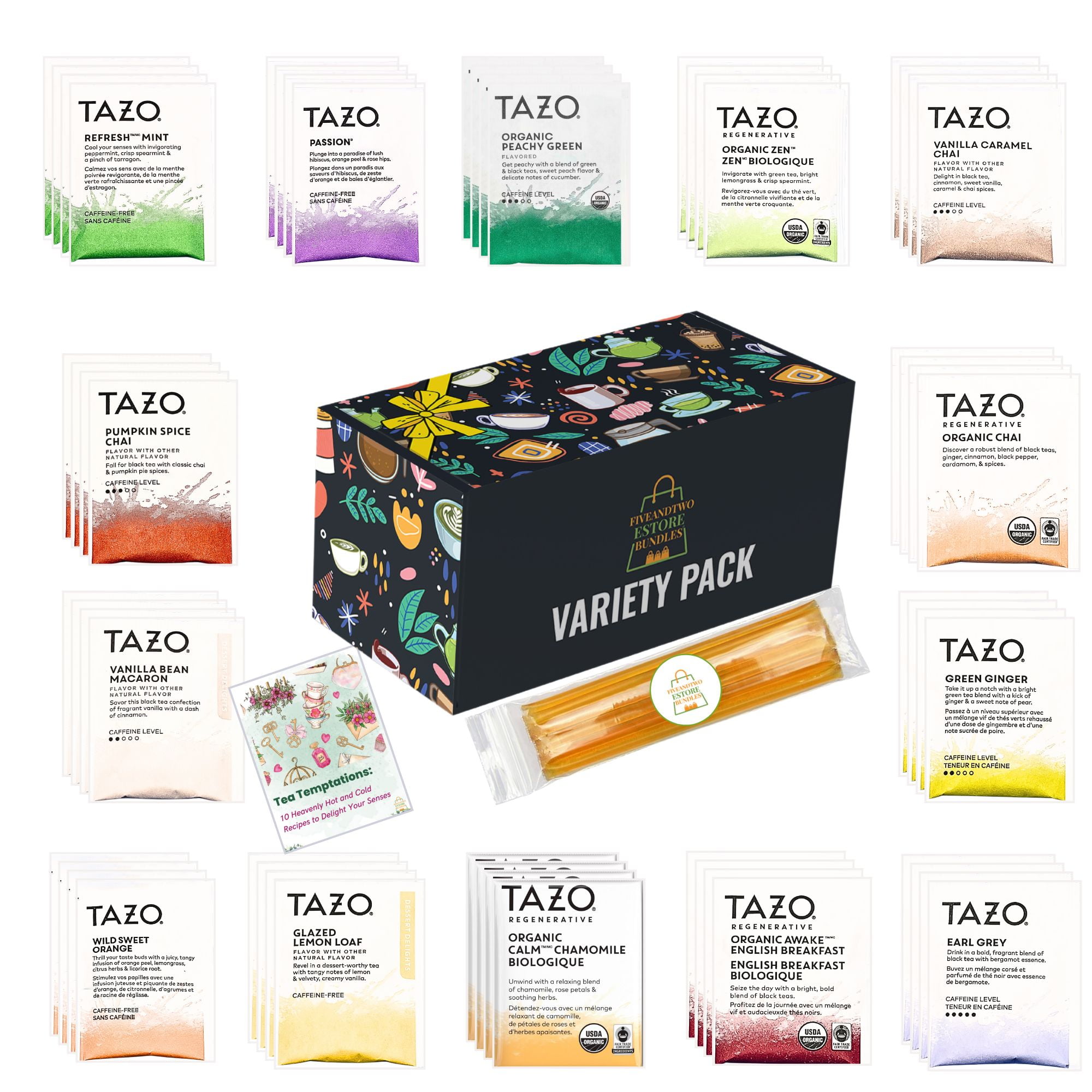 Tazo Flavored Tea Bags Sampler - 50 Count Variety Pack with 10