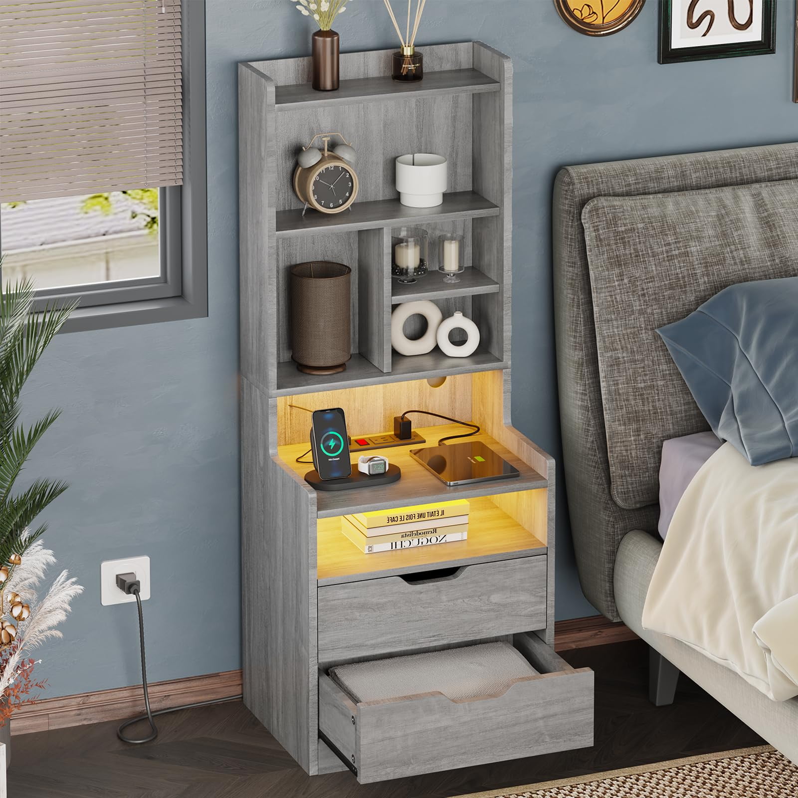 Afuhokles Tall Nightstand with Charging Station and LED Lights, Night Stand with Bookshelf,Bedside Table with Drawers, Gray
