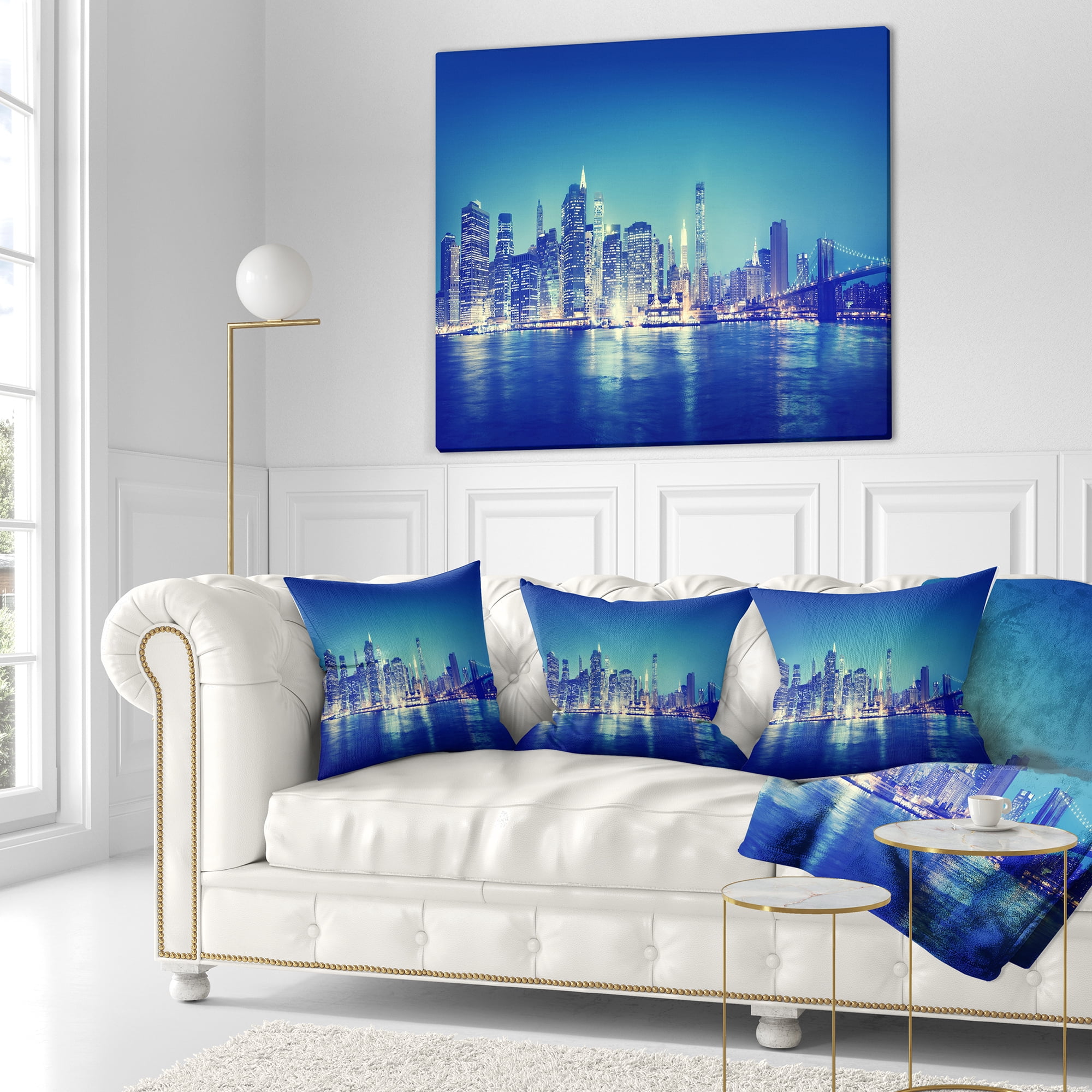 Designart Blue New York City at Night Panorama - Cityscape Throw Pillow - 16x16