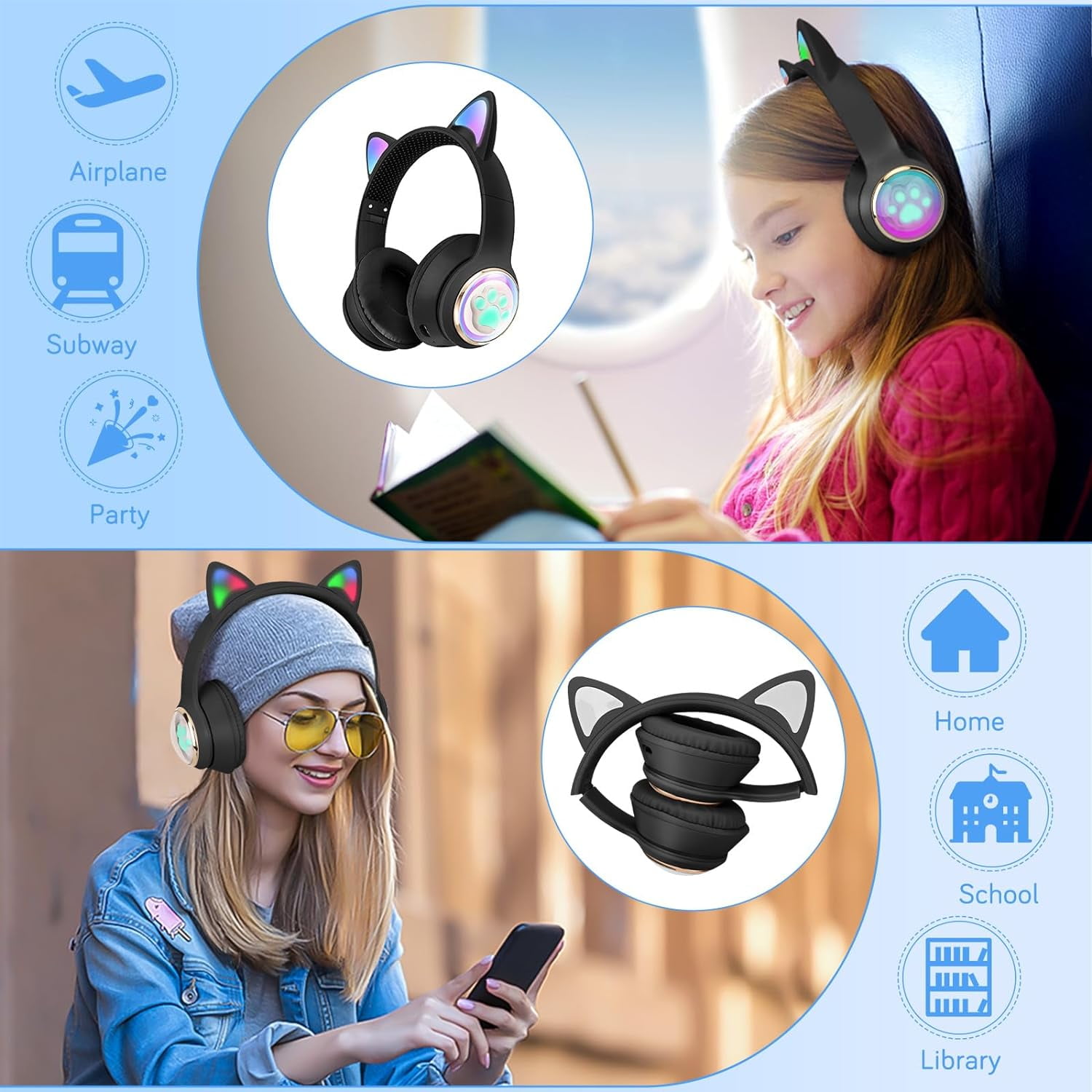 QearFun Cat Headphones for Girls Kids for School, Kids Bluetooth Headphones with Microphone & 3.5mm Jack, Teens Toddlers Wireless Headphones with Adjustable Headband for Tablet/PC Black