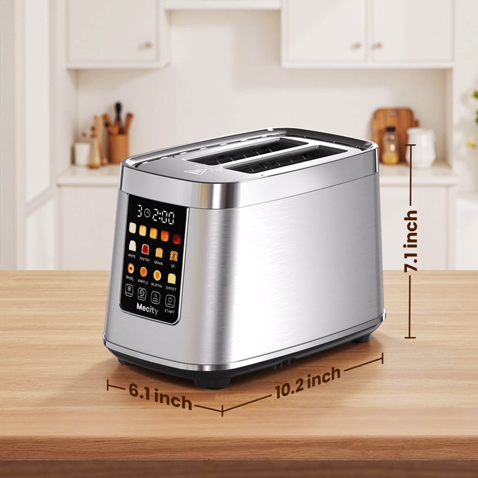 Mecity Touch Screen Toaster with Automatic Lift & Keep Warm – 2 Slice Smart Toaster, 5 Browning Levels, 8 Bread Programs, Luxury Stainless Steel Design, 1200W, Silver
