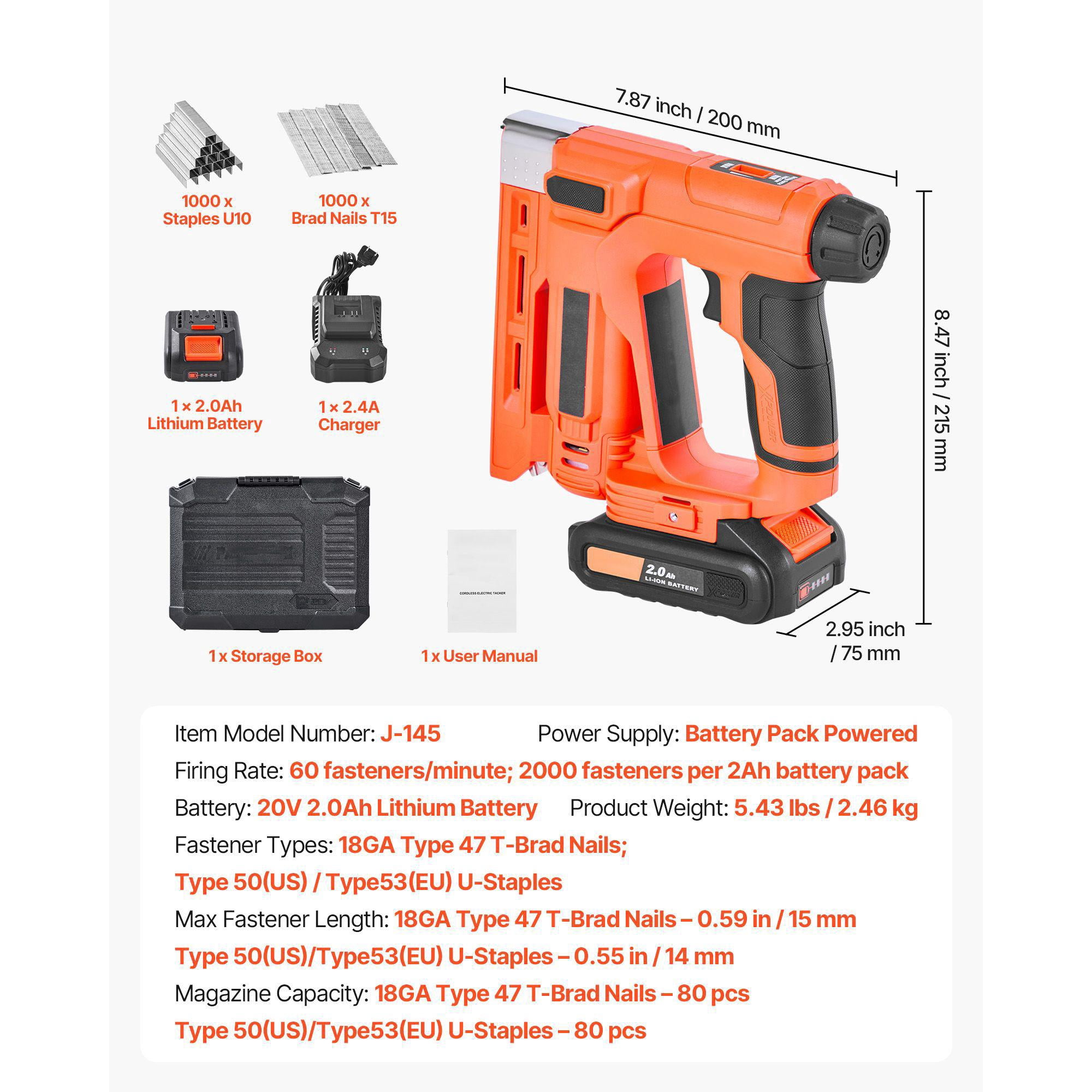 Cordless Brad Nailer Staple Gun 2 in 1 18 Gauge 5/8 Inch with 1000 Staples 1000 Nails Battery Charger Non Slip Rubber Grip for Woodworking DIY