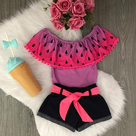 2019 Newborn Baby Girls Watermelon Lotus Collar Tops+Pants Cotton Outfit 2PCS 1-2