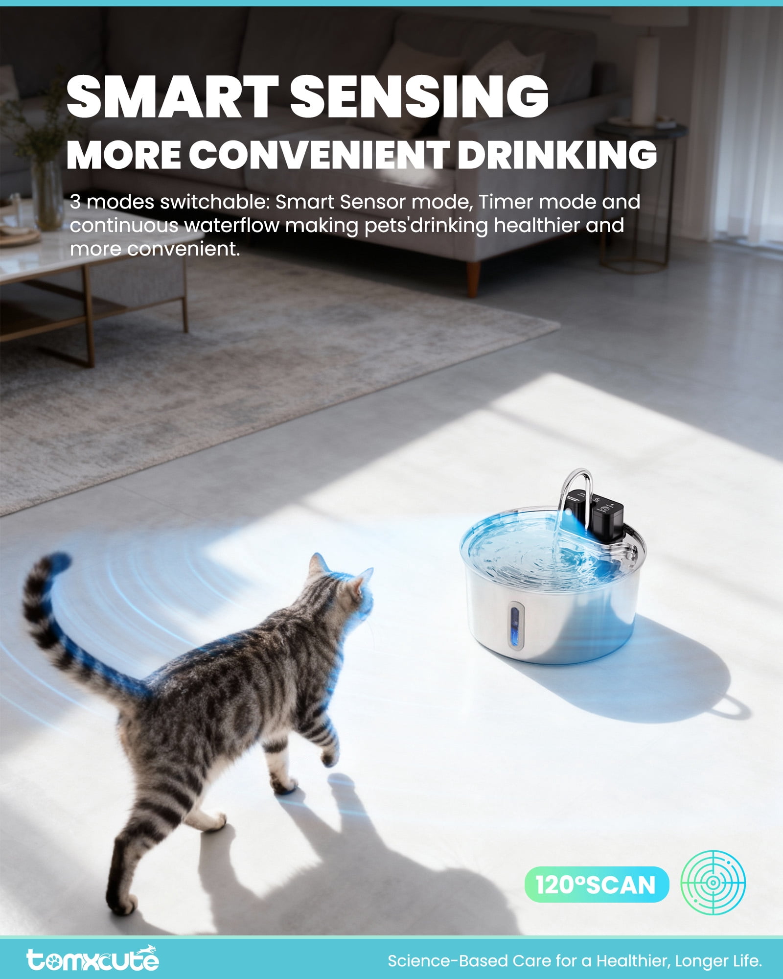 FWMB Wireless Cat Water Fountain Stainless Steel - 108oz/3.2L Automatic Cat Fountain Cordless, Battery Operated Pet Fountain with 3 Modes,  Rechargeable Water Dispenser for Cats, Dogs, Multiple Pets