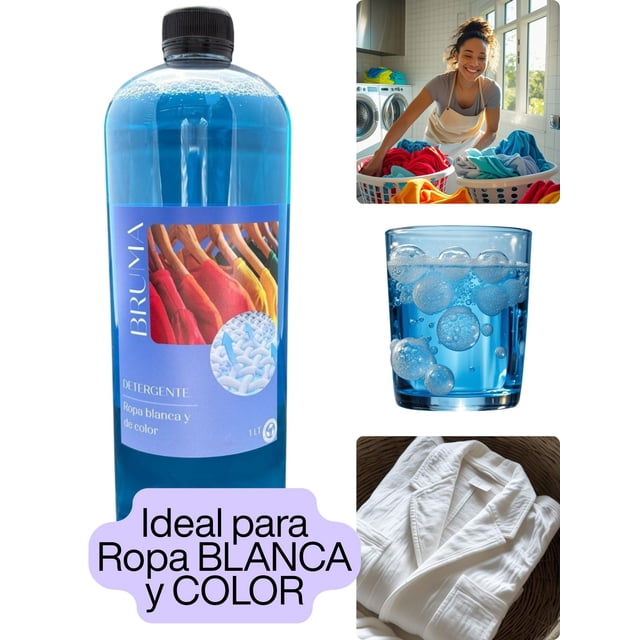 BRUMA Detergente Líquido para Ropa 1 L para Lavadora con Abrillantadores Ópticos, Ropa Blanca y de Color