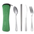 thumbnail image 1 of Juego de 4 piezas de vajilla portátil de acero inoxidable, cuchara, tenedor, cuchillo para carne, juego de cubiertos de viaje, vajilla con bolsa verde, 1 of 7