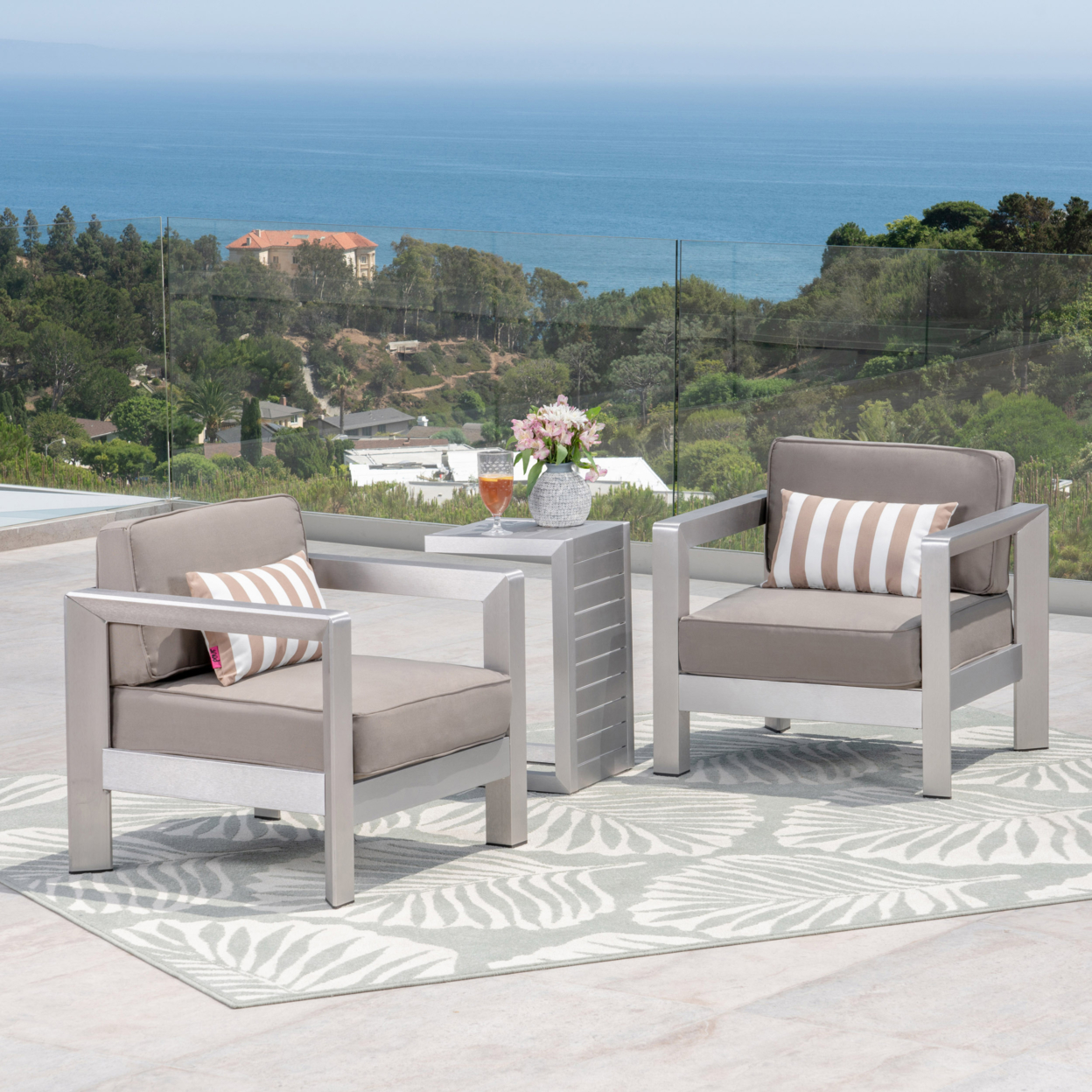 GDF Studio Alec Outdoor Aluminum and Wicker 3 Piece Chat Set with C Shaped Side Table, Silver and Khaki - image 5 of 10