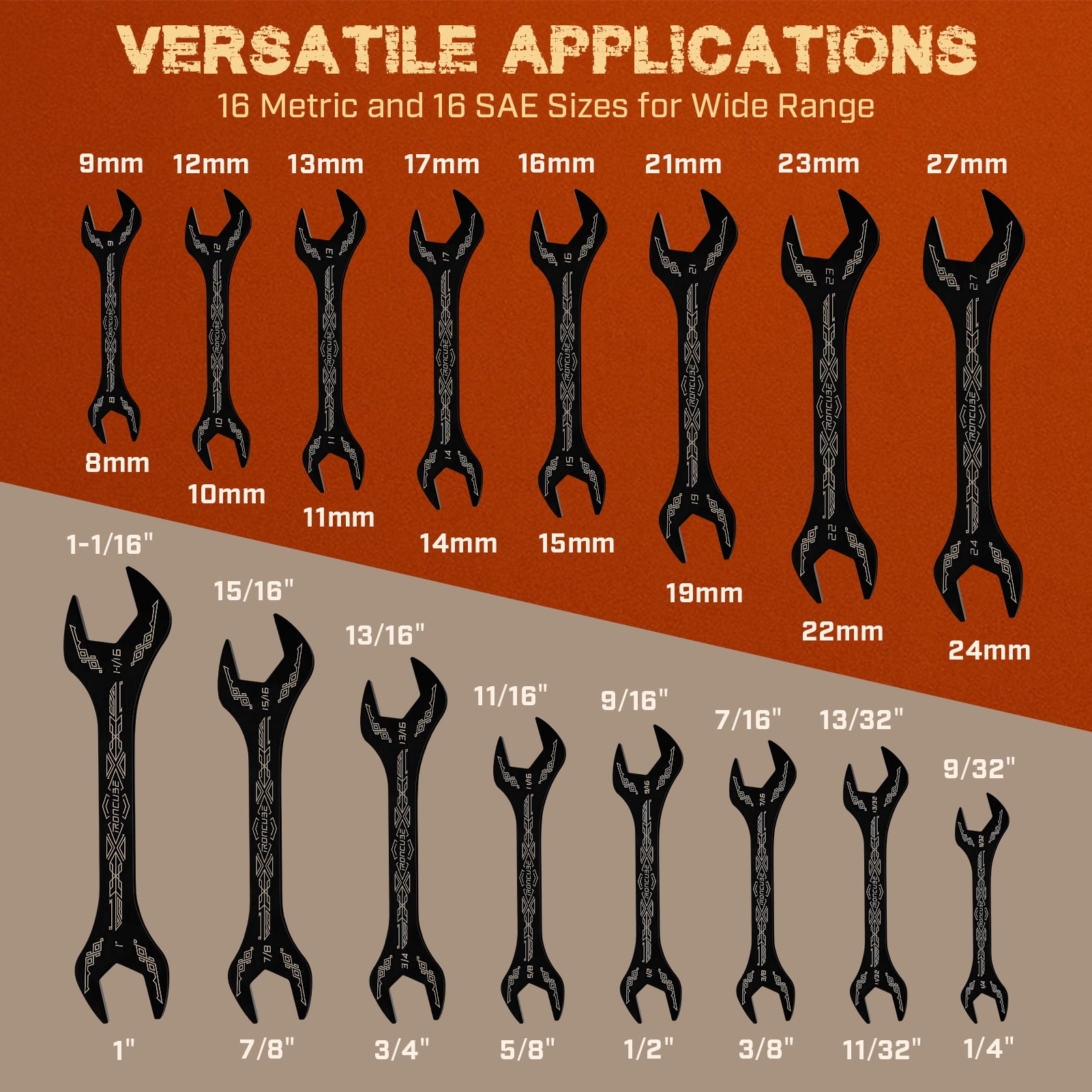 IRONCUBE 16-Piece SAE & Metric Super Thin Wrench Set For Bike, Stainless Steel - Rust Resistant - For Tight Spaces.