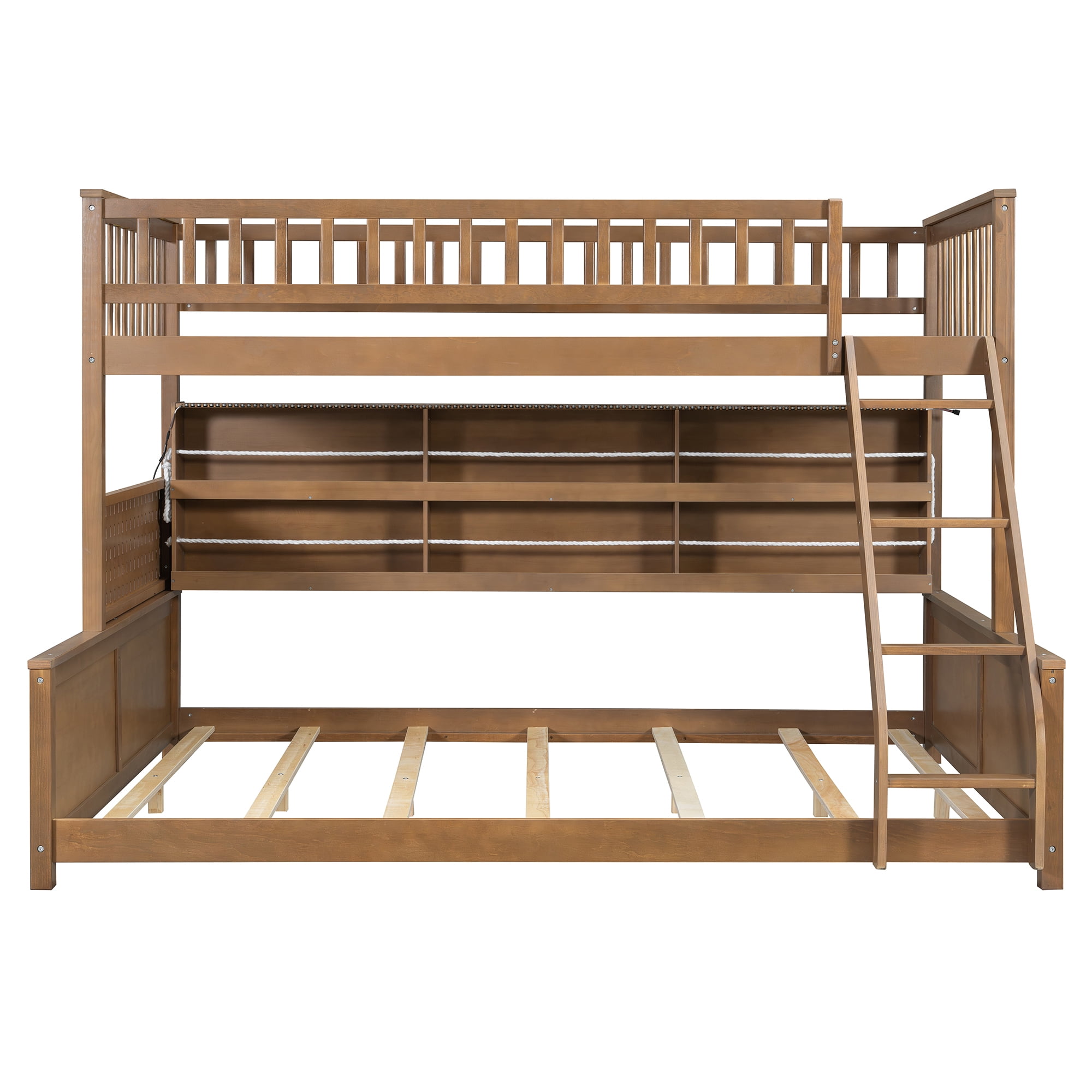 Twin XL over Queen Bunk Bed with Integrated Side Storage Shelves and Color-Changing LED Lights, Solid Wood Bunk Bed Frame with Integrated Shelving and Pegboard for Kids Teens Adults