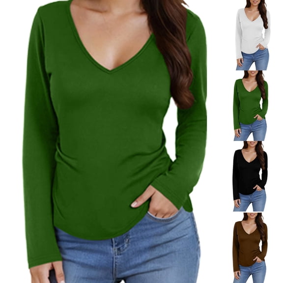 DDAPJ pyju Womens Deep V Neck Long Sleeve Shirts Ribbed Knit Base Layer T-Shirt Slim Fit Basic Tee Tops Black XL