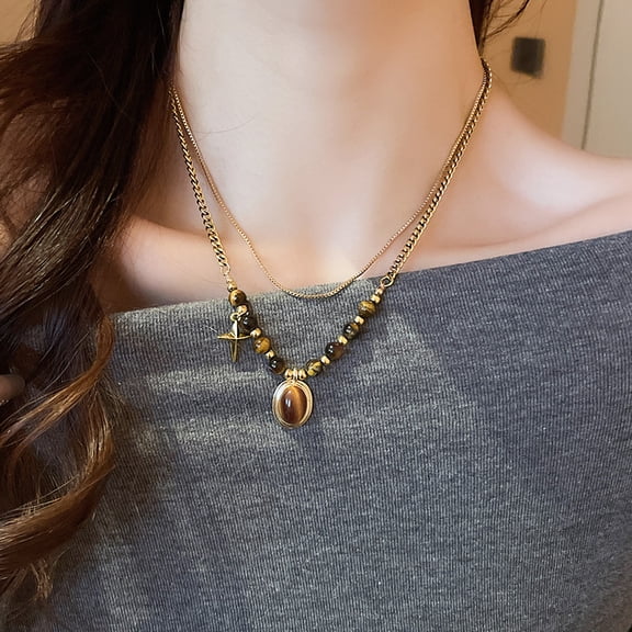 Bohemian Earthy Bead Choker | Layered Beaded Necklaces for Women | Stone Pendant Tiger Eye Gold Brown Boho Strand Statement | Beach Jewelry Gift