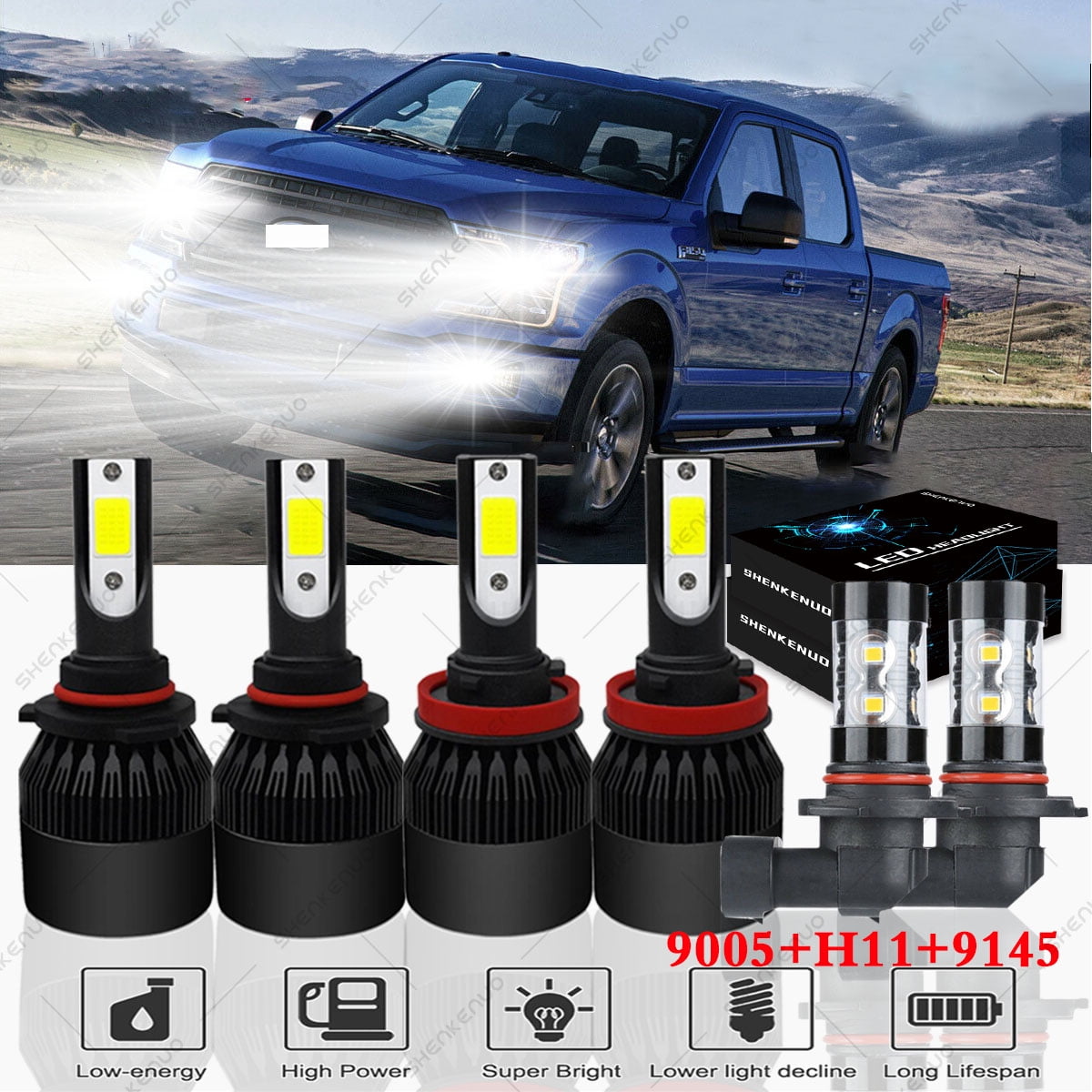Fog Light Bulbs Combo 4pcs For 2005-2014 Ford F-150 8000K LED Headlight Hi/Lo