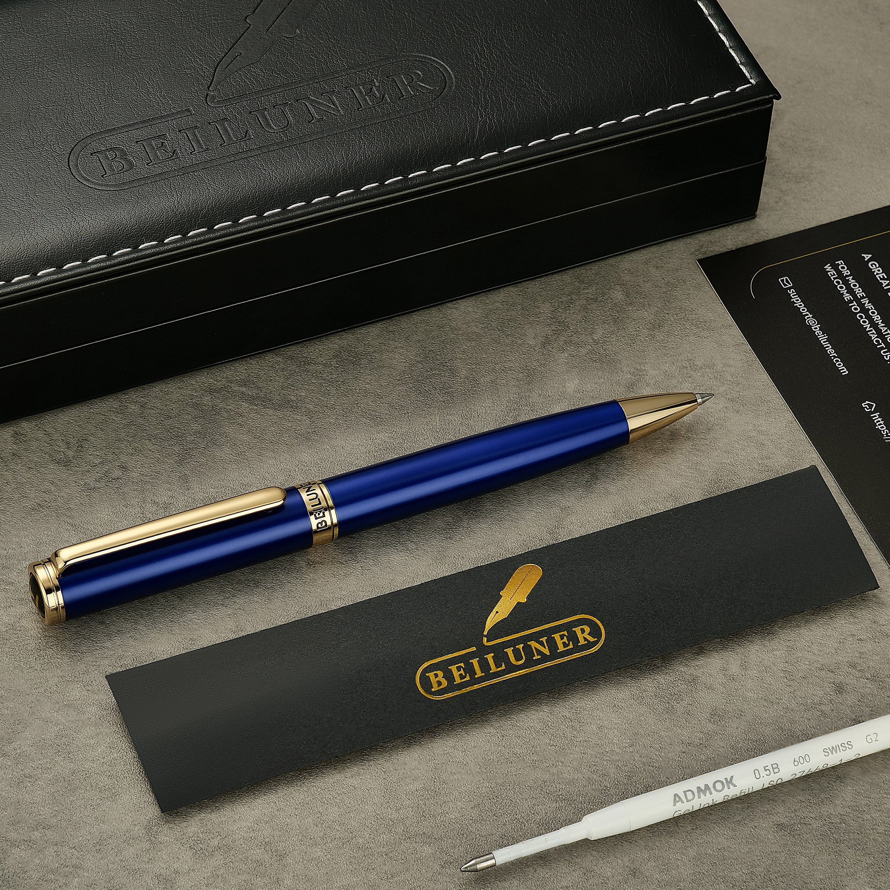 BEILUNER Luxury Gel Pens,Klein Blue Pen Barrel with 24K Gold Finish,Classic Leather Box-Best Pen Gift Set for Men & Women Professional, Executive, Office, Retractable Nice Fancy Designer Pens