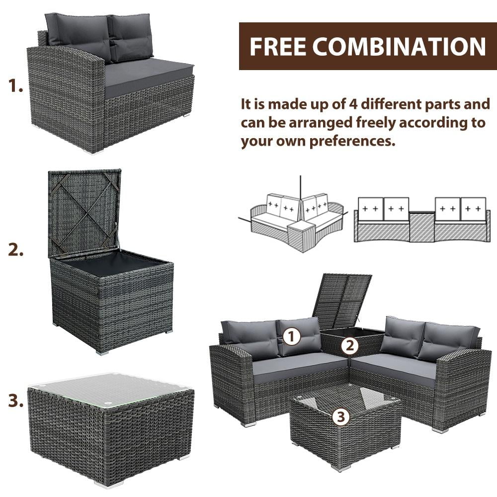Rattan Patio Sofa Set, 4 Pieces Outdoor Sectional Furniture Set, All-Weather PE Rattan Wicker Patio Conversation Set, Cushioned Sofa Set with Glass Table & Storage Box for Patio Garden Poolside Deck