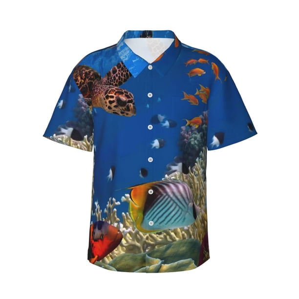 Fotbe Colorful Coral Reef Camisa Hawaiana para Hombre Unisex – Camisa Casual de Verano con Botones de Manga Corta de Algodón y Lino,Large