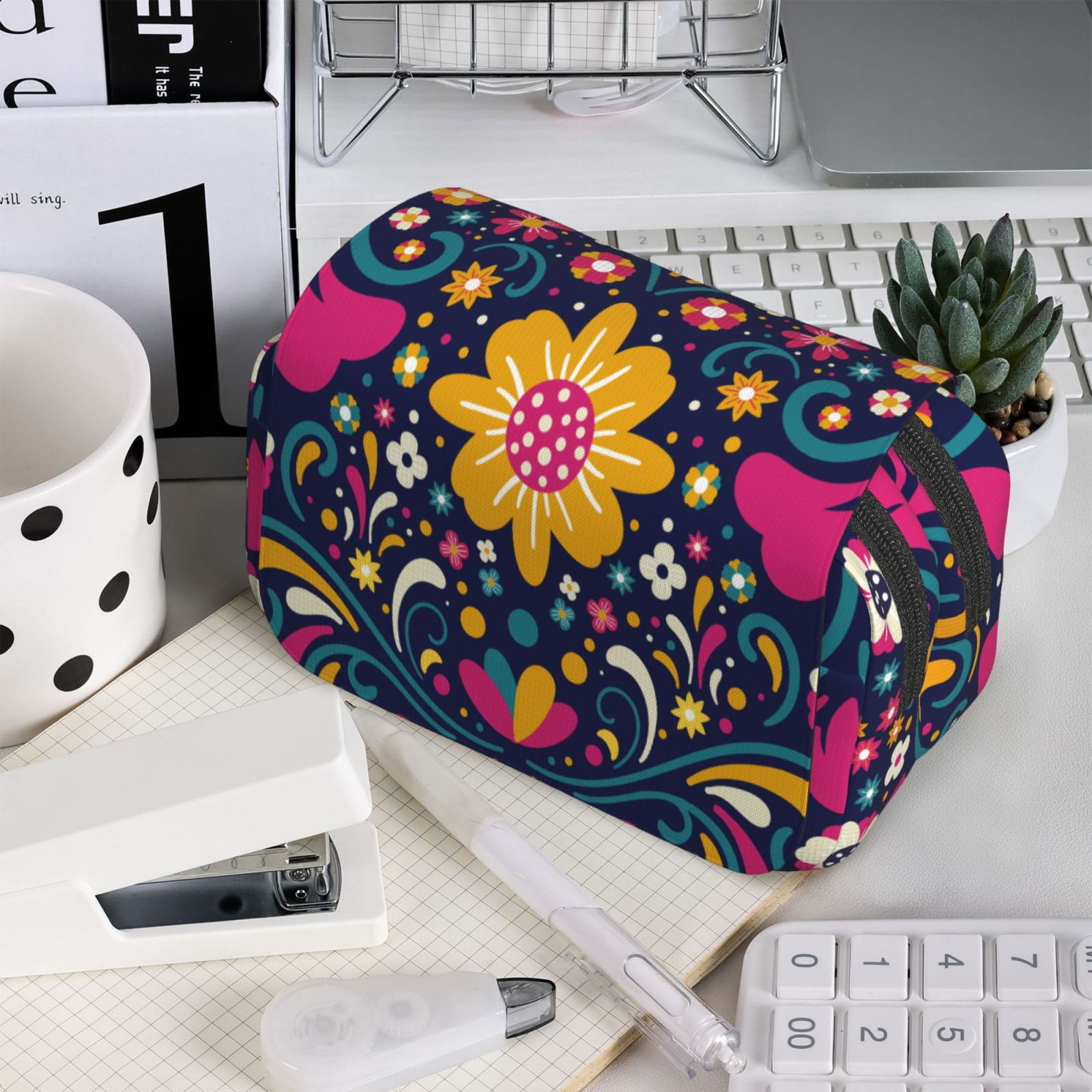 Rateoe Cinco De Mayo Floral Pattern Double Clamshell Pen Case, Storage Organizer with Two Zipper Compartments– Holds Up to 50 Pencils & Pens