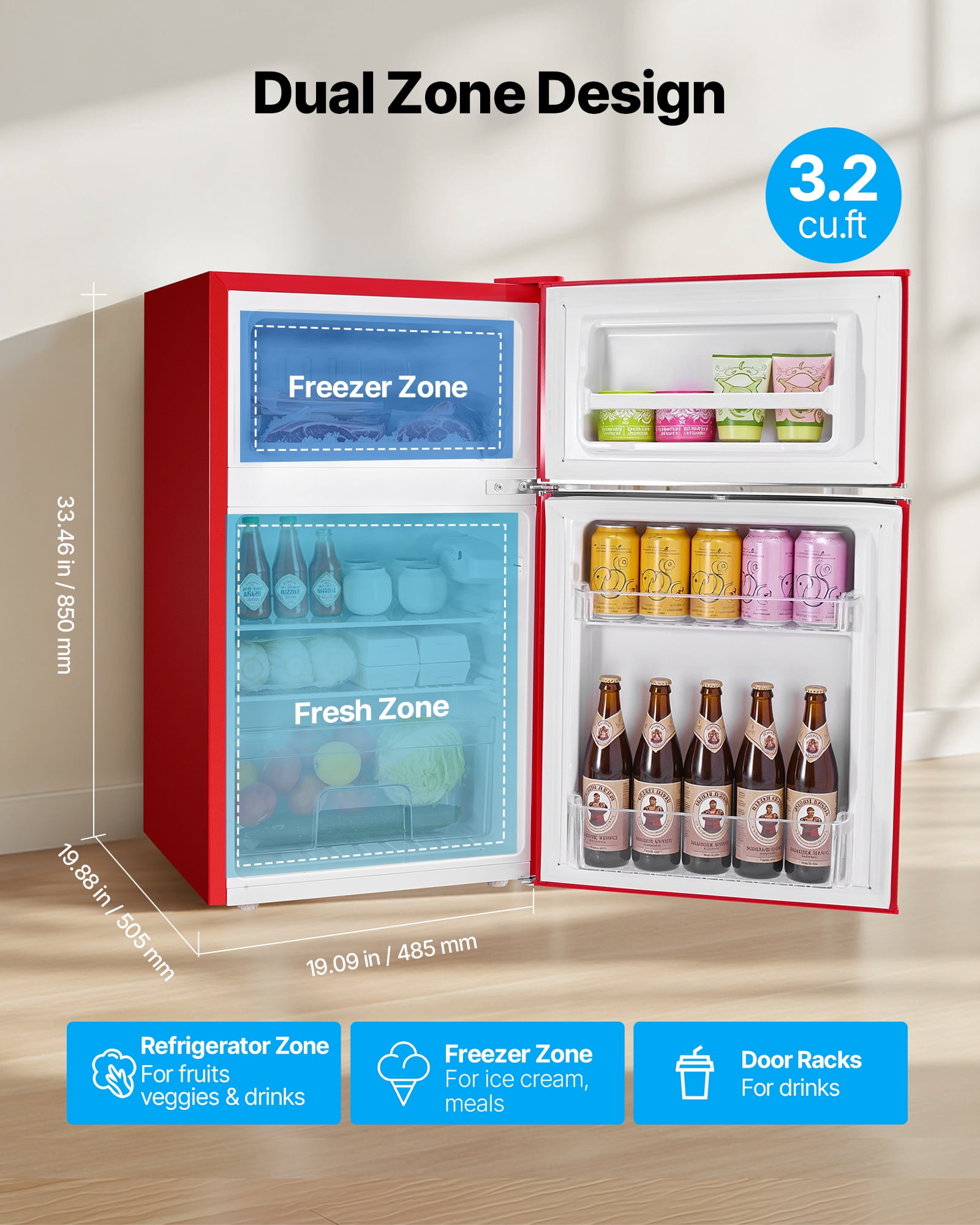 VEVOR Mini Fridge with Freezer, 3.2 Cu.Ft, Two Door Compact Refrigerator with Adjustable Temperature, Glass Shelf, Energy Efficient Dorm Fridge, Low Noise Small Refrigerator,for Bedroom,Office,Red