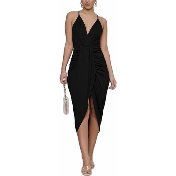 Plus Size Women's Solid Black Ruched Wrap Spaghetti Strap Midi Bodycon Dress Irregular High Split Skirt