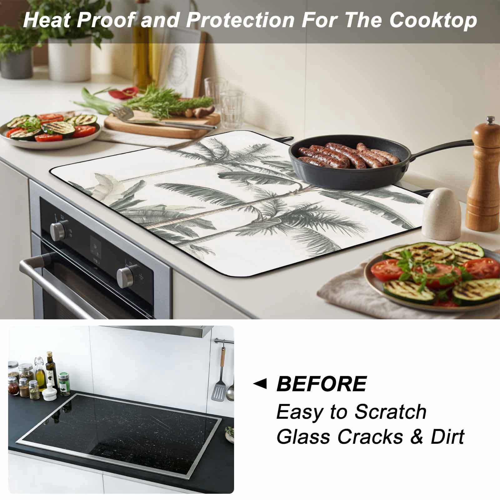 Tropical Palm Tree Stove Top Cover for Electric Stove, Heat-proof & Non Slip Glass Top Stove Cover Protector, Summer Beach Botanical Kitchen Flat Cooktop Rubber Mat 24x21 Inches