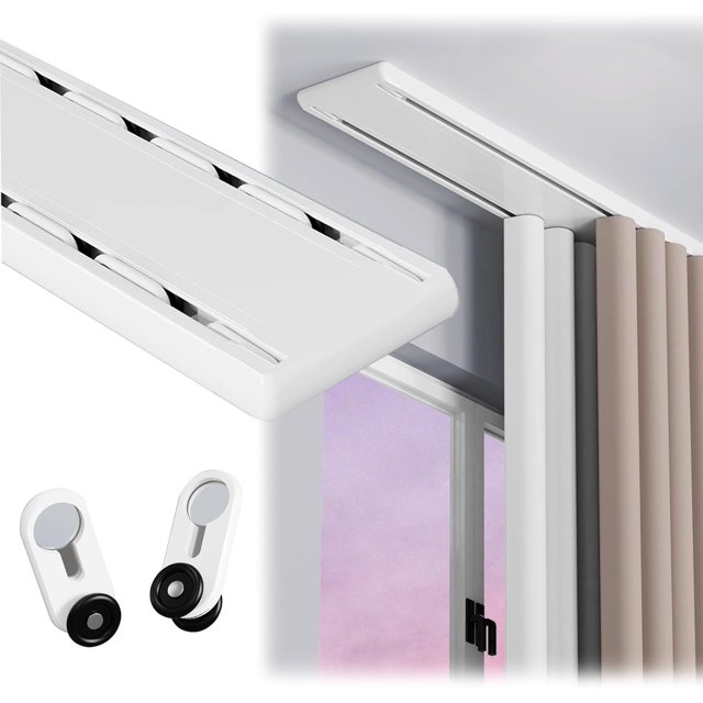 Rail de Rideau à Double Rangée Silencieux Rail de Rideau de Plafond Robuste pour Rideaux, Rail de Séparation de Pièce pour Salon Chambre Hôpital Installation Facile Aluminium (Blanc, 13 Pieds)