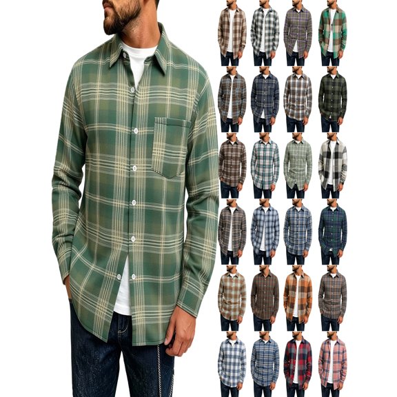 Mens Shirt Plaid Flannel Long Sleeve Collared Shirt Jacket Casual Fall Winter Tops for Daily Outdoor Wear