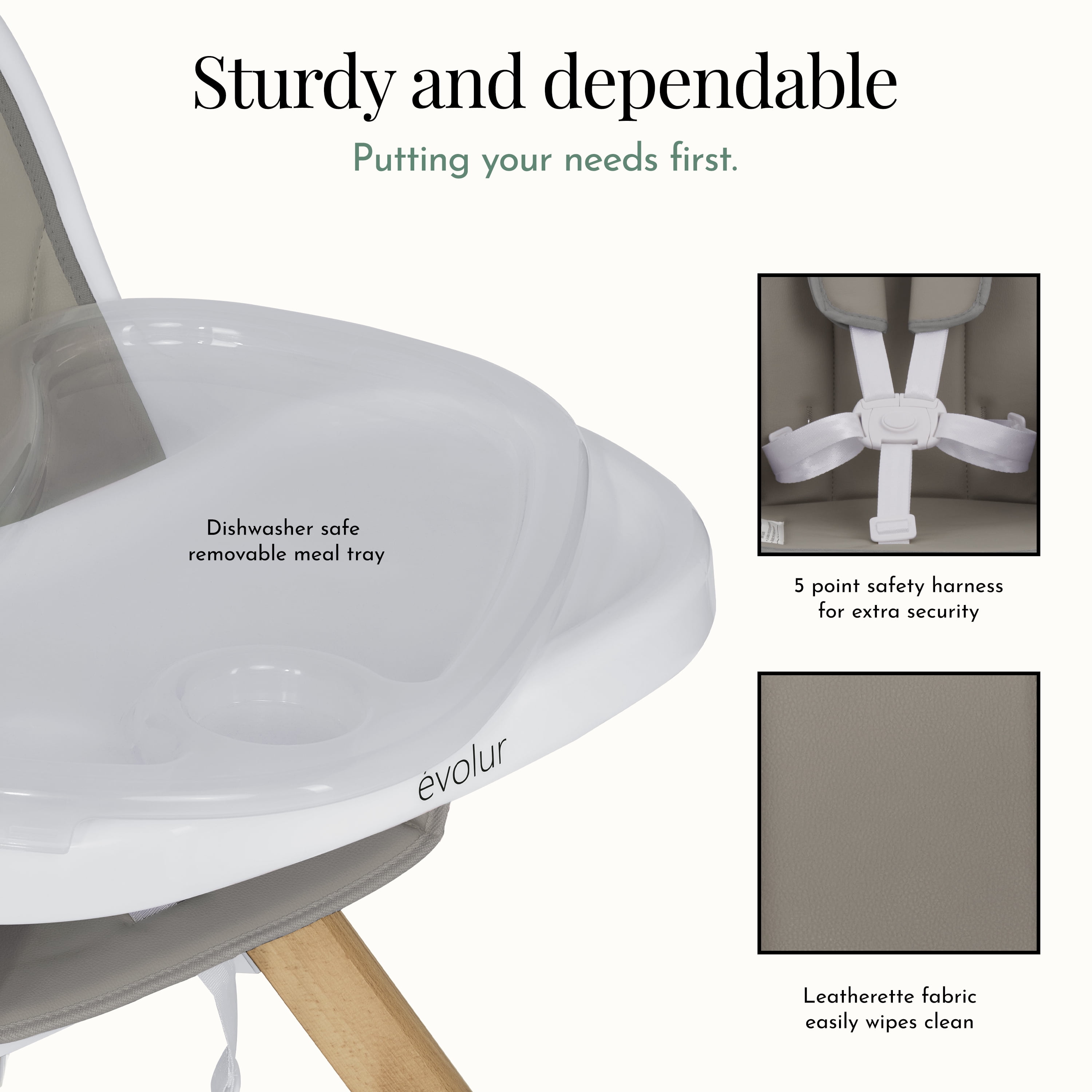 Evolur Zoodle 3-in-1 High Chair Booster Feeding Chair with Modern Design, Light Grey