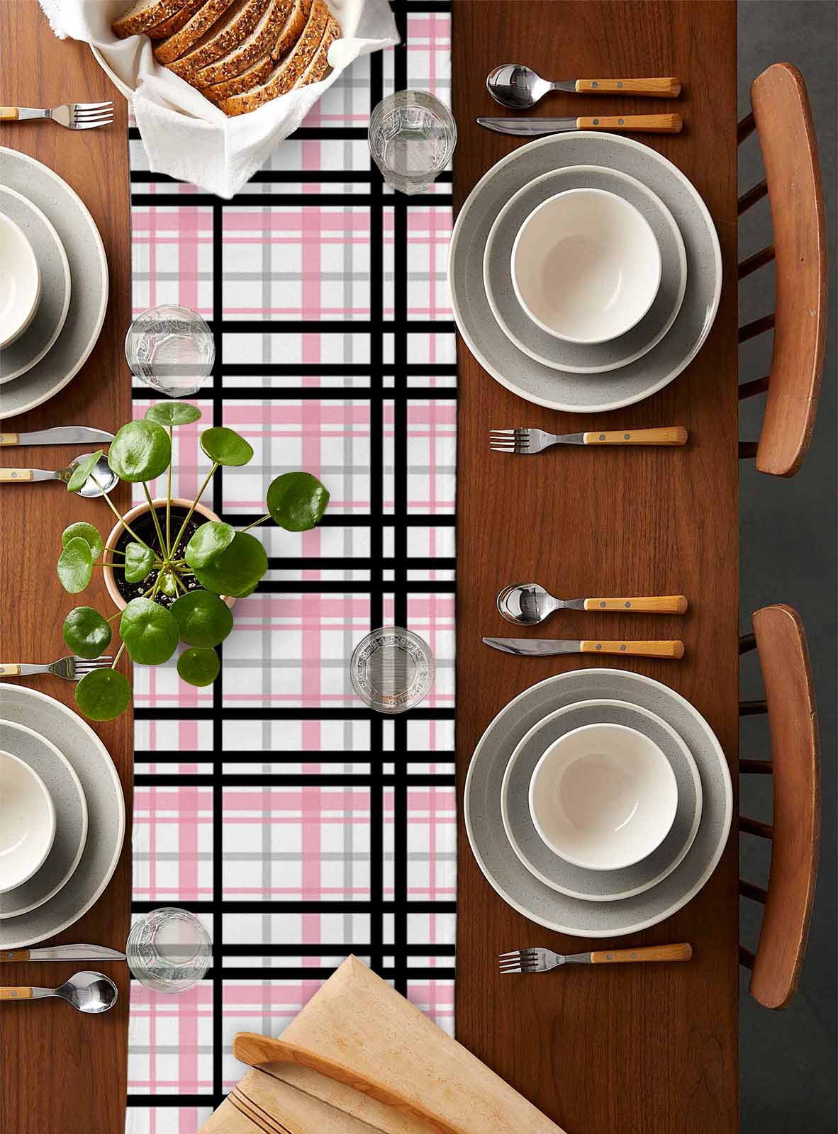 Ldtrchee Pink Black Plaid Table Runner 108 Inches, Farmhouse Pink Black Checkered Bed Runner Dresser Scarves Tabletop for Indoor Outdoor Parties/Ceremony/Banquet, 13"x 108"