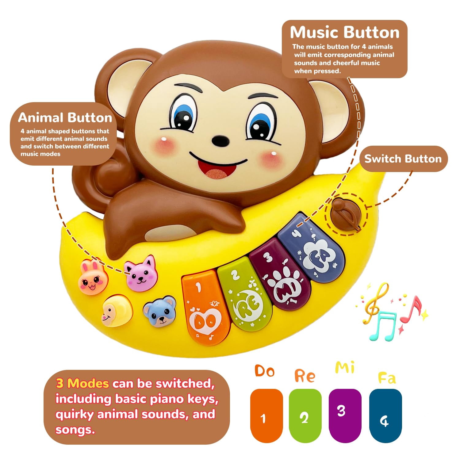 Baby Piano Toy Electronic Keyboard with Animals Sounds, Musical Toys for Babies 12 M+(Monkey)