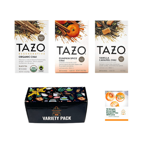 Tazo Organic Chai, Pumpkin Spice Chai, Vanilla Caramel Chai Tea Variety Set in Box with Recipe eBook -56pcs