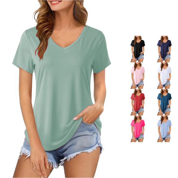 Yuhangmm Womens T Shirts, Casual Short Sleeve T Shirt With Crew Neck Solid Color Loose Fit Tee Shirt Curved Everyday Basic Top Shirt Women Cold Gear Light Green XXL