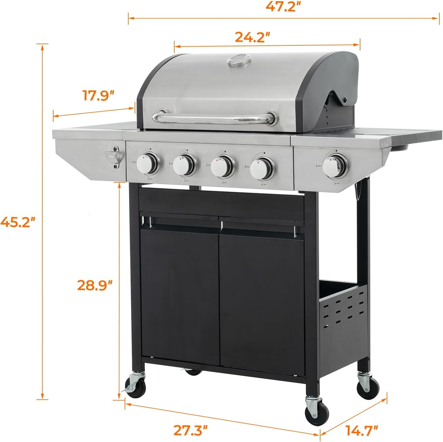 4 Burner Barbecue Grill, Stainless Steel Propane Gas Grill with Side Burner and Thermometer for Outdoor BBQ, Camping, 4 Wheels