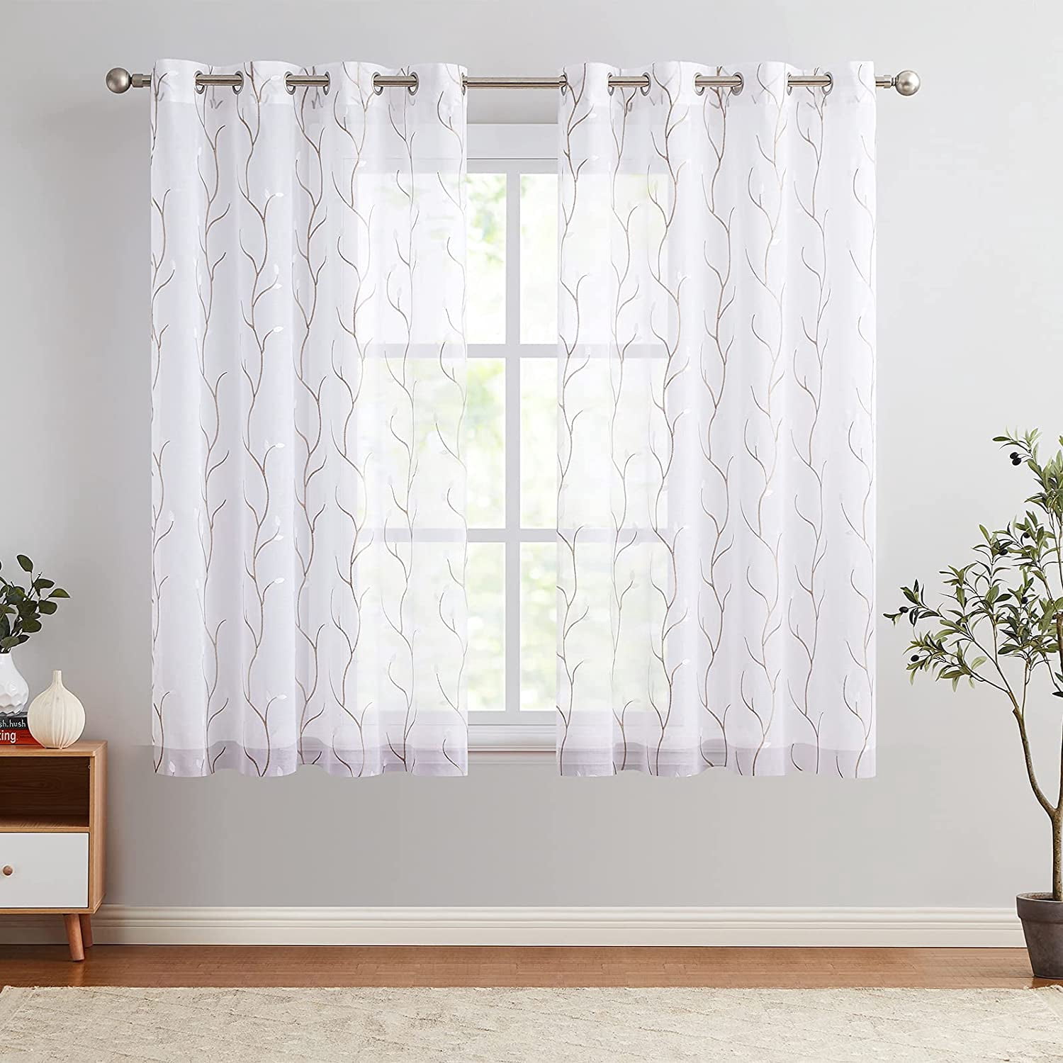 Curtainking Sheer Curtains Floral Embroidery Drapes 63 inch Voile Light Filtering Window Curtain Set for Living Room Bedroom Grommet 2 Panels White
