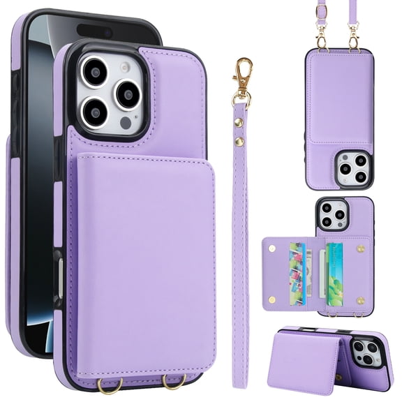 Crossbody Strap Wallet Case for iPhone 12 Pro / 12 6.1" with Card Holder, Luxury PU Leather RFID Blocking Protective Case with Magnetic Back Flip Kickstand Detachable Wrist Lanyard,Violet