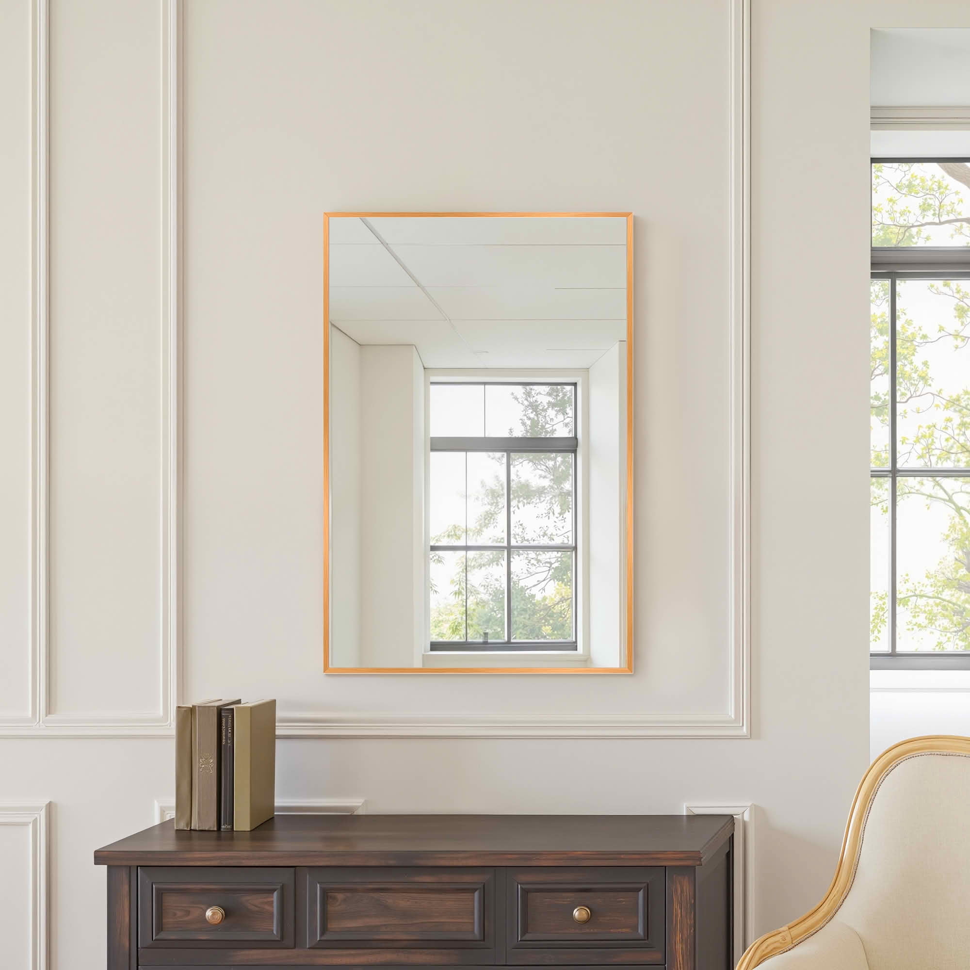 MAYEERTY 38x26x1 Inch Gold Thin Edge Aluminum Right Angle Rectangular Wall Mounted Mirror, Double Sided for Bathroom