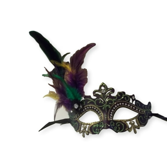 Purple Green Gold Mardi Gras Princess Venetian Masquerade Mask Feathers
