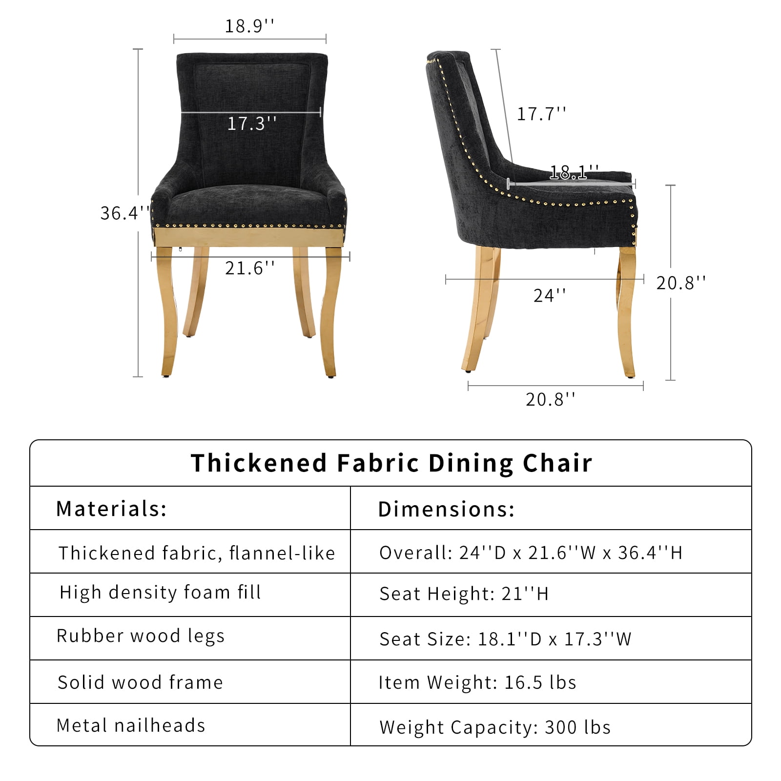 Dining Chairs Set of 2, Kitchen & Dining Room Chairs, Chenille Fabric Upholstered Dinning Chairs, Sillas De Comedor, Nailhead Trim, Metal Legs (Black, 2 Pcs)