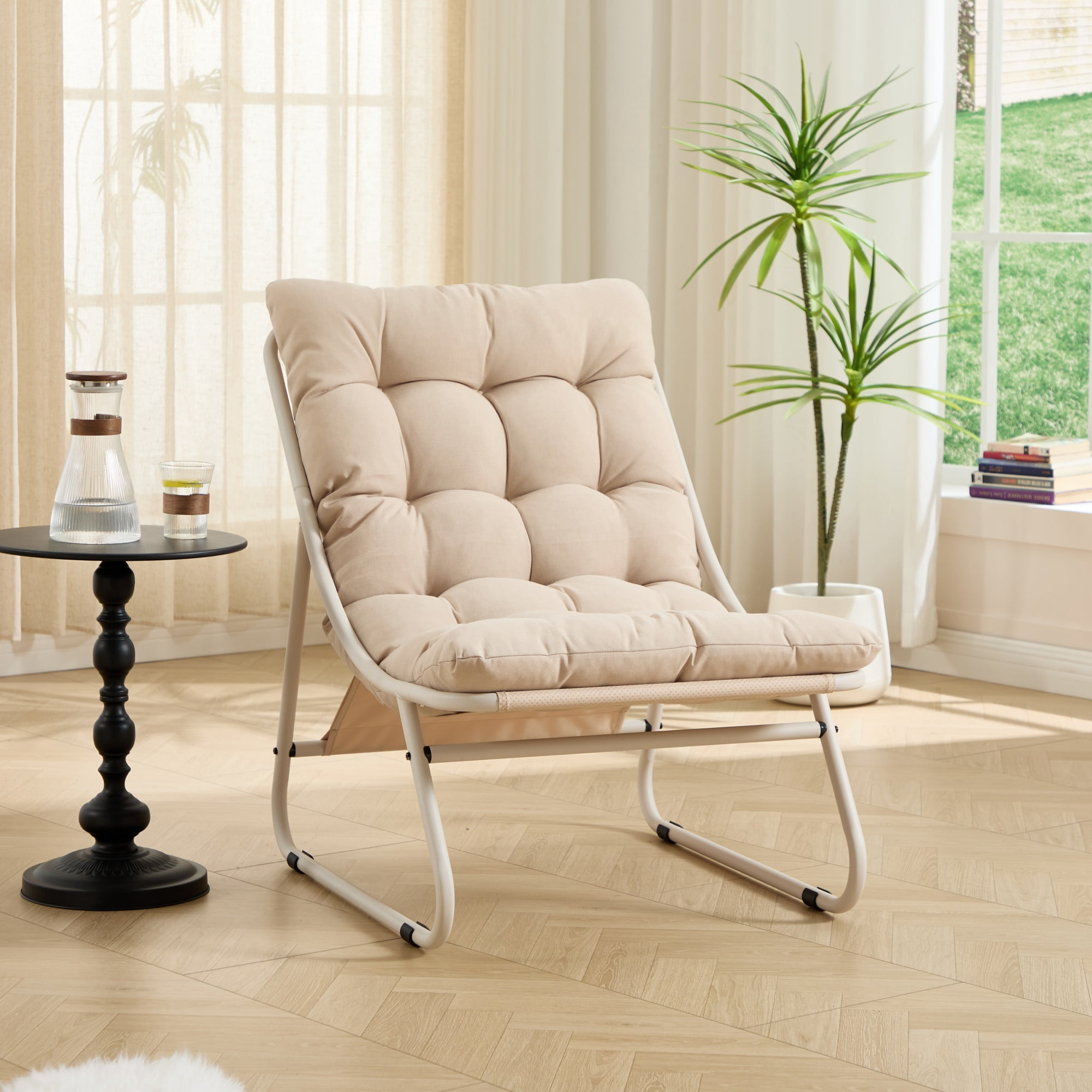Outdoor Lounge Chair with Ottoman, Patio Sling Recliner with Puffy Cushion, Comfy Chaise Lounge with Foot Stool for Patio, Pool, Backyard, Beige/Beige