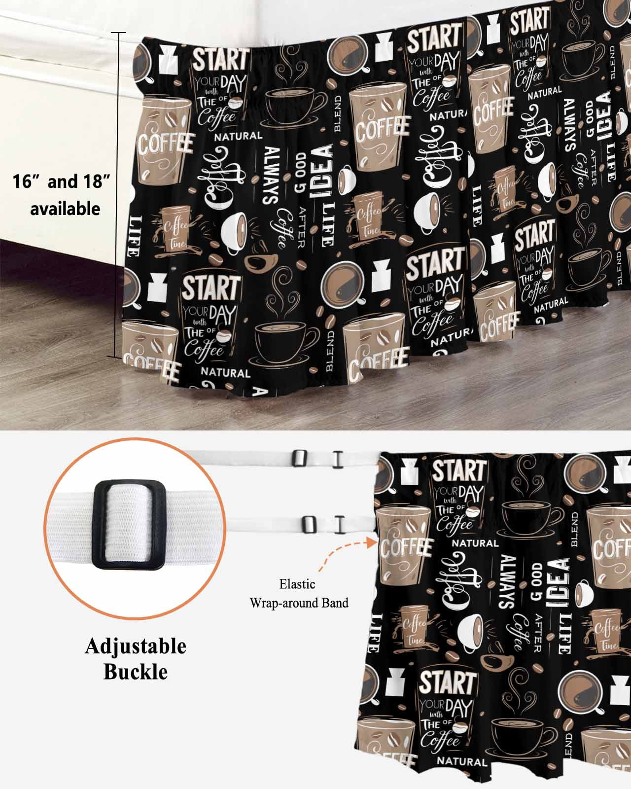 Coffee Black Wrap Around Bed Skirts for Queen Bed 16" Drop,Bed Skirt with Adjustable Elastic Belt Dust Ruffle Bed Valance for Bedroom Hotel Brown Beans Cup Dessert Drink Monochrome Bed Frame Cover