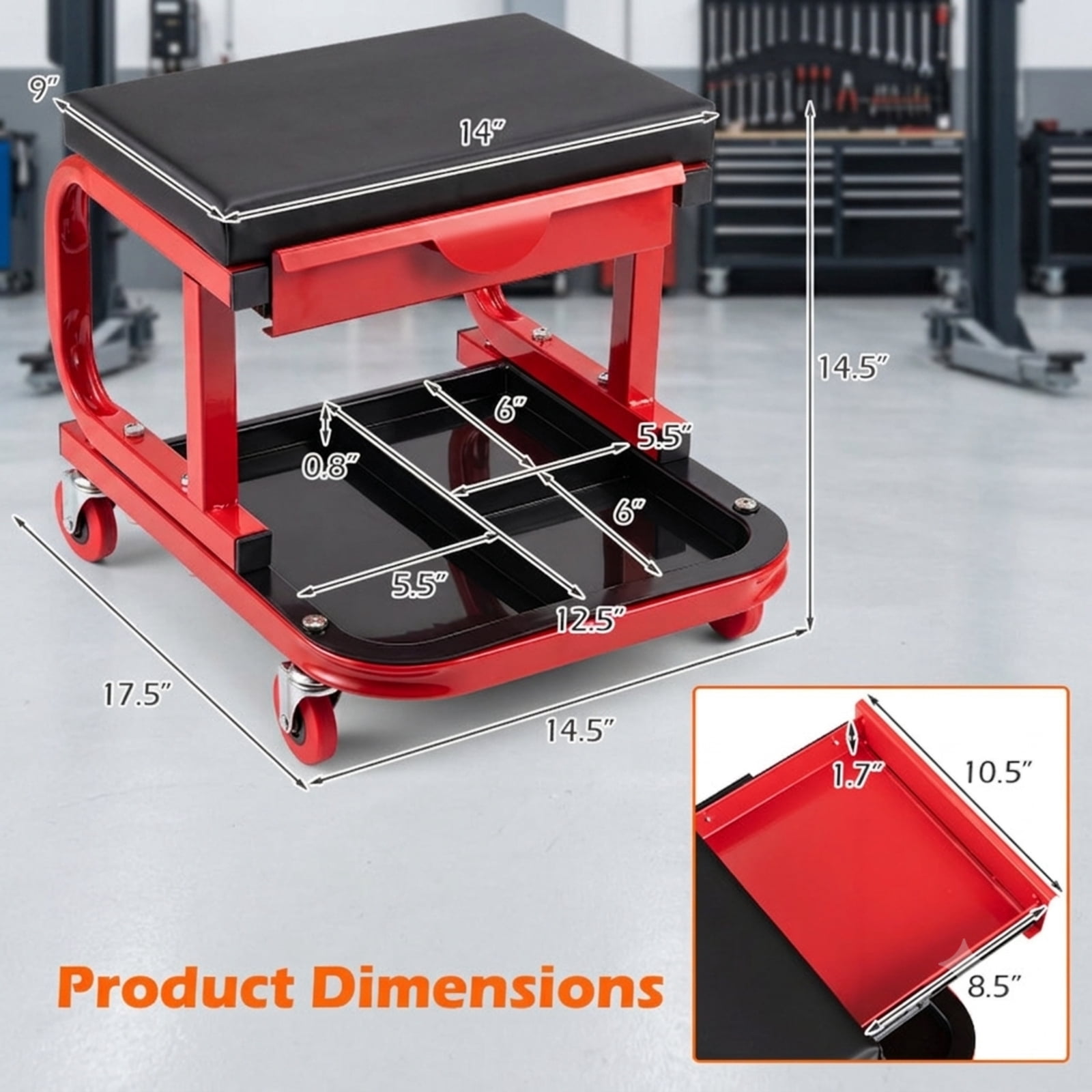 Biotree Rolling Shop Stool Adjustable Swivel Shop Seat 14.5" x 17.5" x 9" with Tool Storage for Garage Shop, Red