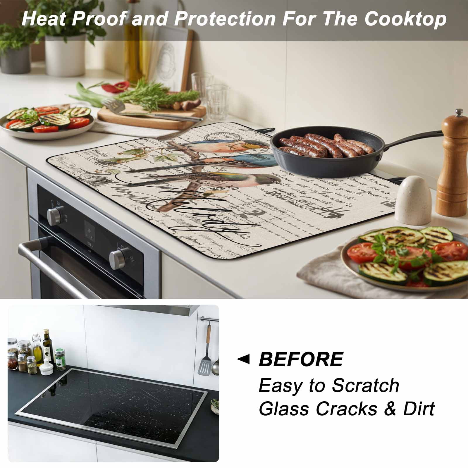 Country Birds Stove Top Cover for Electric Stove, Heat-proof & Non Slip Glass Top Stove Cover Protector, Envelope Postmark Vintage Farmhouse Botancial Kitchen Flat Cooktop Rubber Mat 31x24 Inches