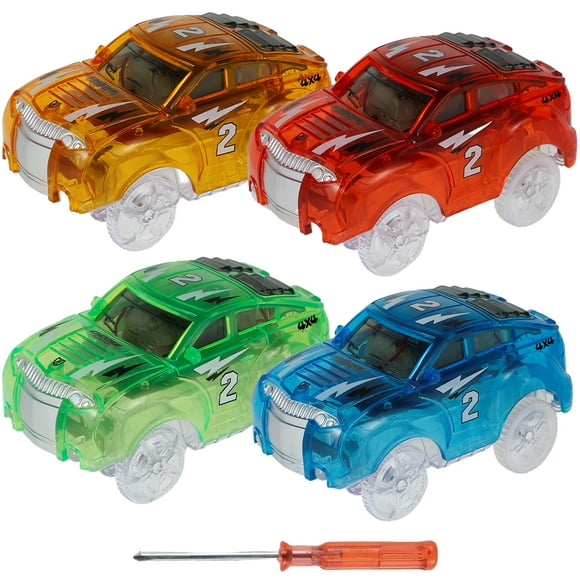 Gotydi 4 Pcs Voitures de Remplacement, Modèle de Voiture Lumineux, avec 5 Lumières LED Alimentées par Pile, Compatible avec la Plupart des Pistes pour Tout-Petits de 3 Ans et Plus, Cadeau Amusant pour Enfants