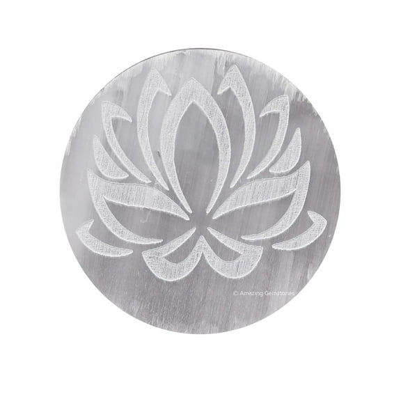 Selenite Charging Plate, Lotus Flower of Life Engraved Crystal Charging Plate - 3" Inches