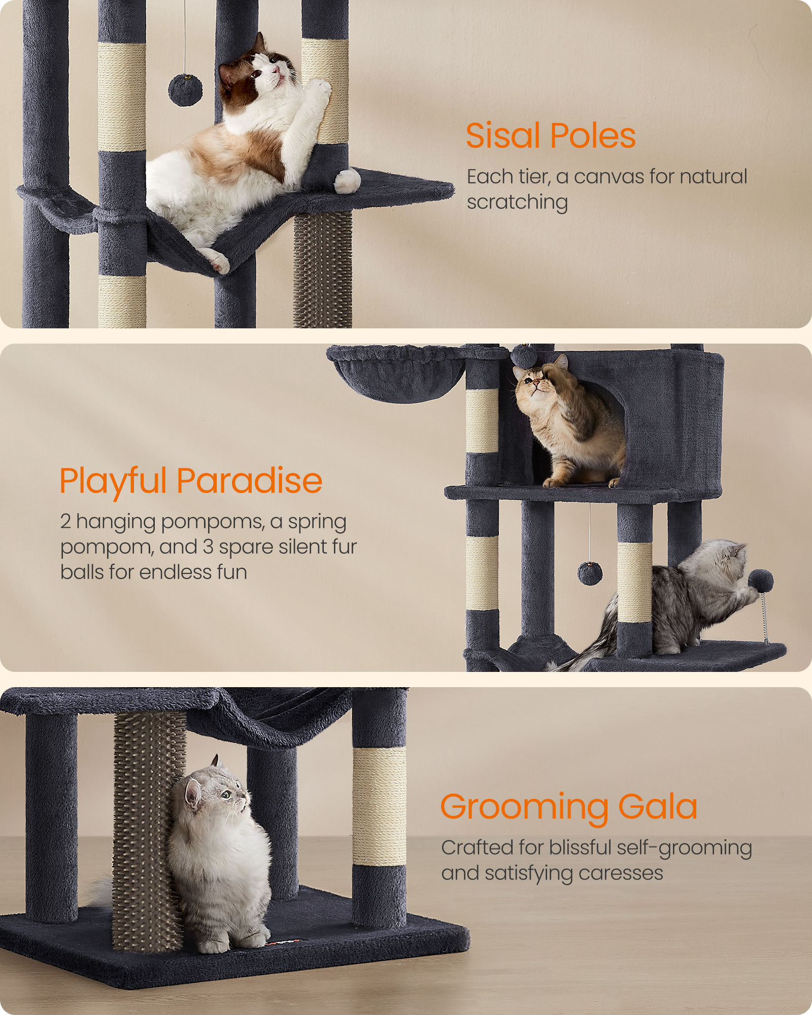 69 Inch Tall Cat Tree Tower for Indoor Cats, Multi-Level Cat Condo with 2 Caves, 2 Baskets, 5 Scratching Posts, Self-Groomer, Perch, and Hammock, Dark Gray
