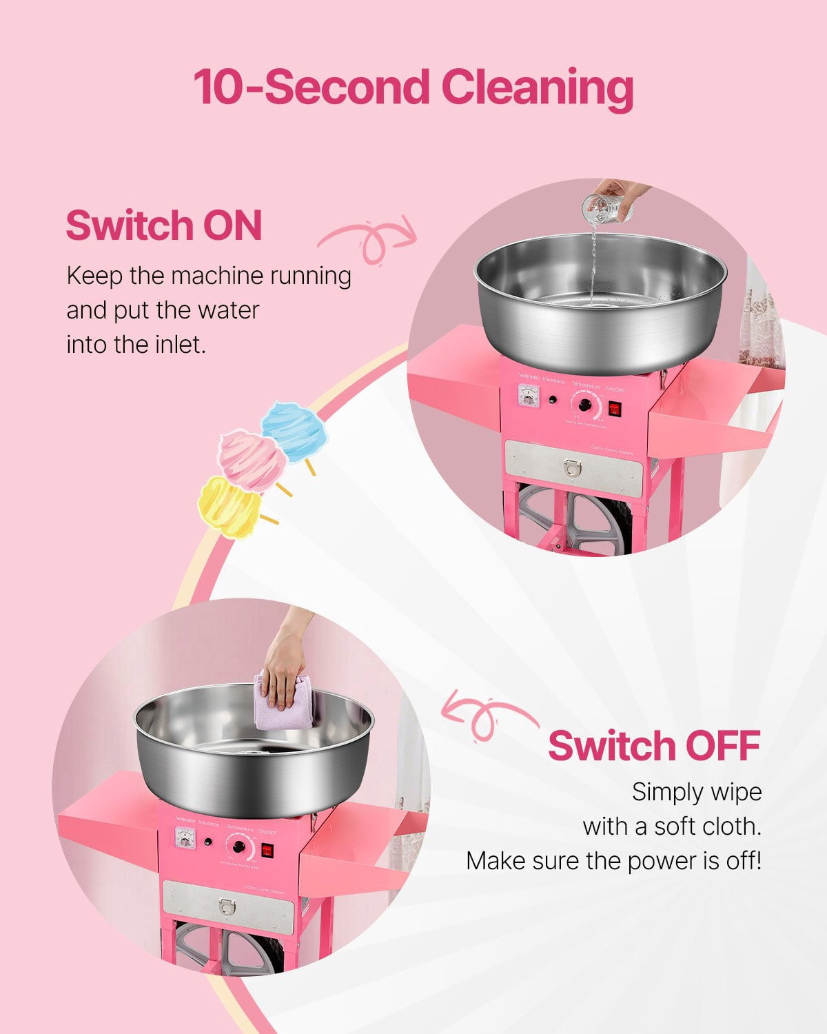SIHAO Cotton Candy Machine with Cart, 1000W Electric Commercial Candy Floss Maker with 20.5 in Stainless Steel Bowl, Sugar Scoop, and Drawer, for Home, Kids Birthday, Family Party, Pink