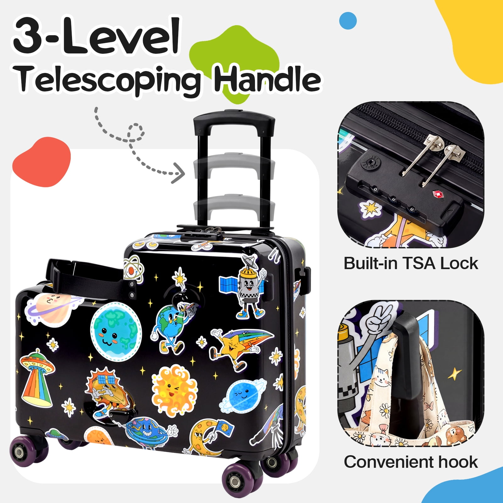 Advwin Kids Ride-On Luggage with Safety Belt, TSA Lock & Footrest, Hardside Spinner Travel Suitcase for Children, Black Space Theme
